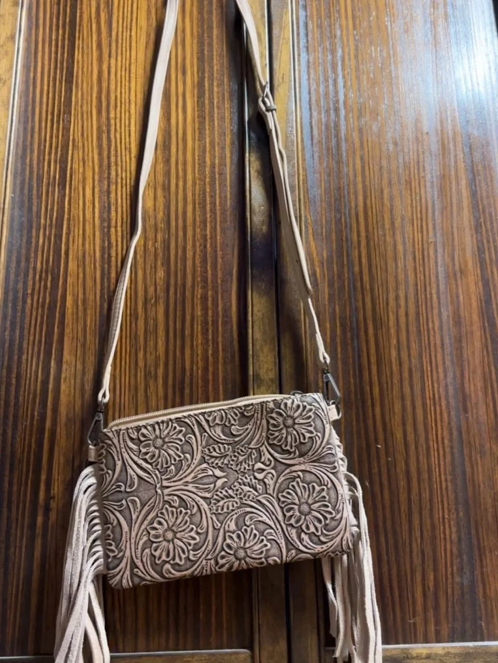 Montana West Taupe Embossed Floral Fringe Crossbody Bag